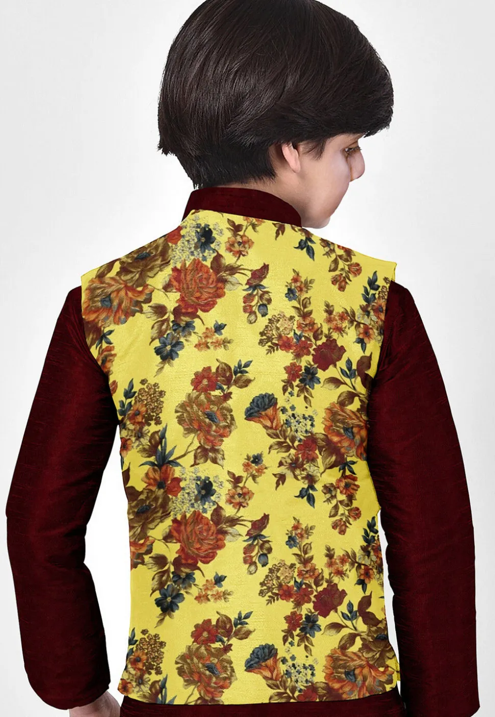 Digital Printed Art Silk Nehru Jacket in Pastel Yellow
