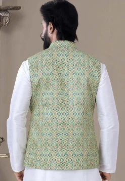 Digital Printed Art Silk Nehru Jacket in Green
