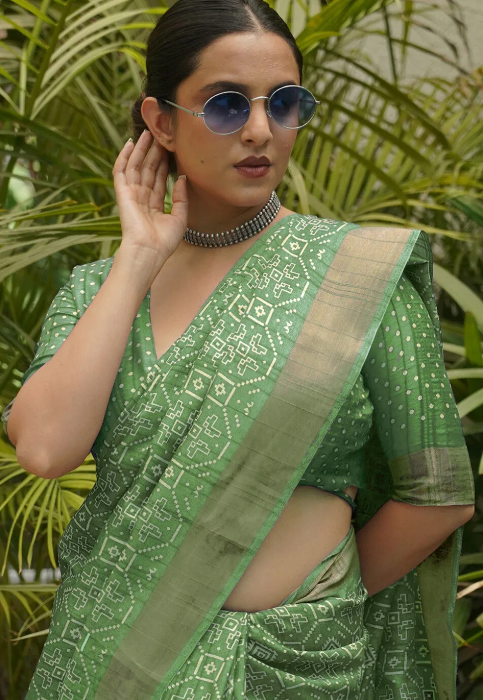 Digital Printed Art Silk Saree in Light Green