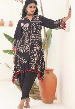Digital Printed Art Silk A Line Kurta Set in Black