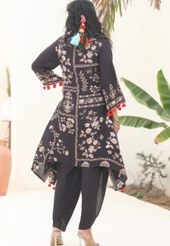 Digital Printed Art Silk A Line Kurta Set in Black