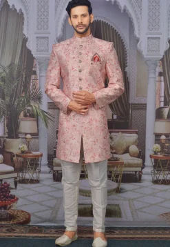 Digital Printed Art Silk Sherwani in Pink