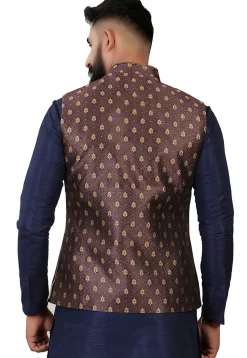 Digital Printed Art Silk Jacquard Nehru Jacket in Brown