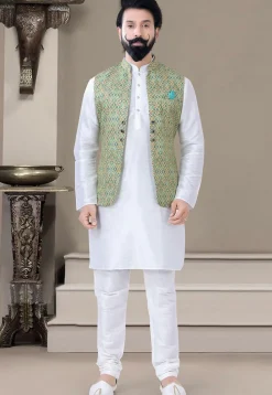 Digital Printed Art Silk Kurta Set in Off White