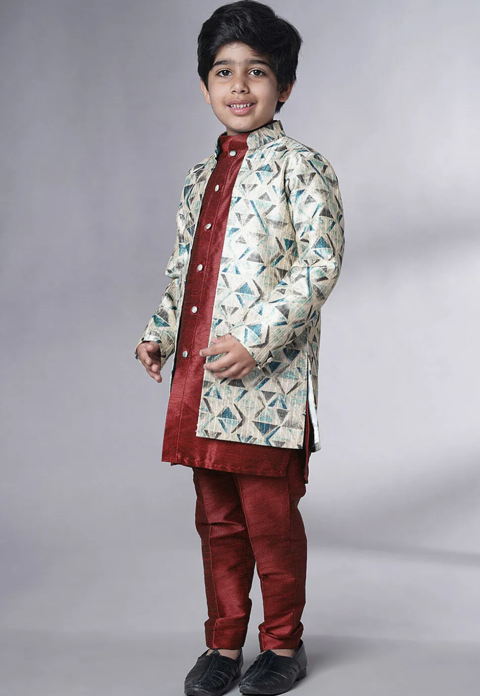 Digital Printed Art Silk Sherwani in Maroon
