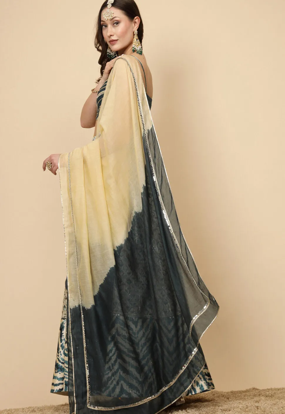 Digital Printed Art Silk Lehenga in Light Beige