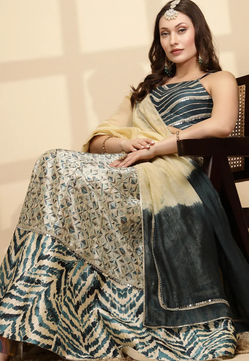 Digital Printed Art Silk Lehenga in Light Beige