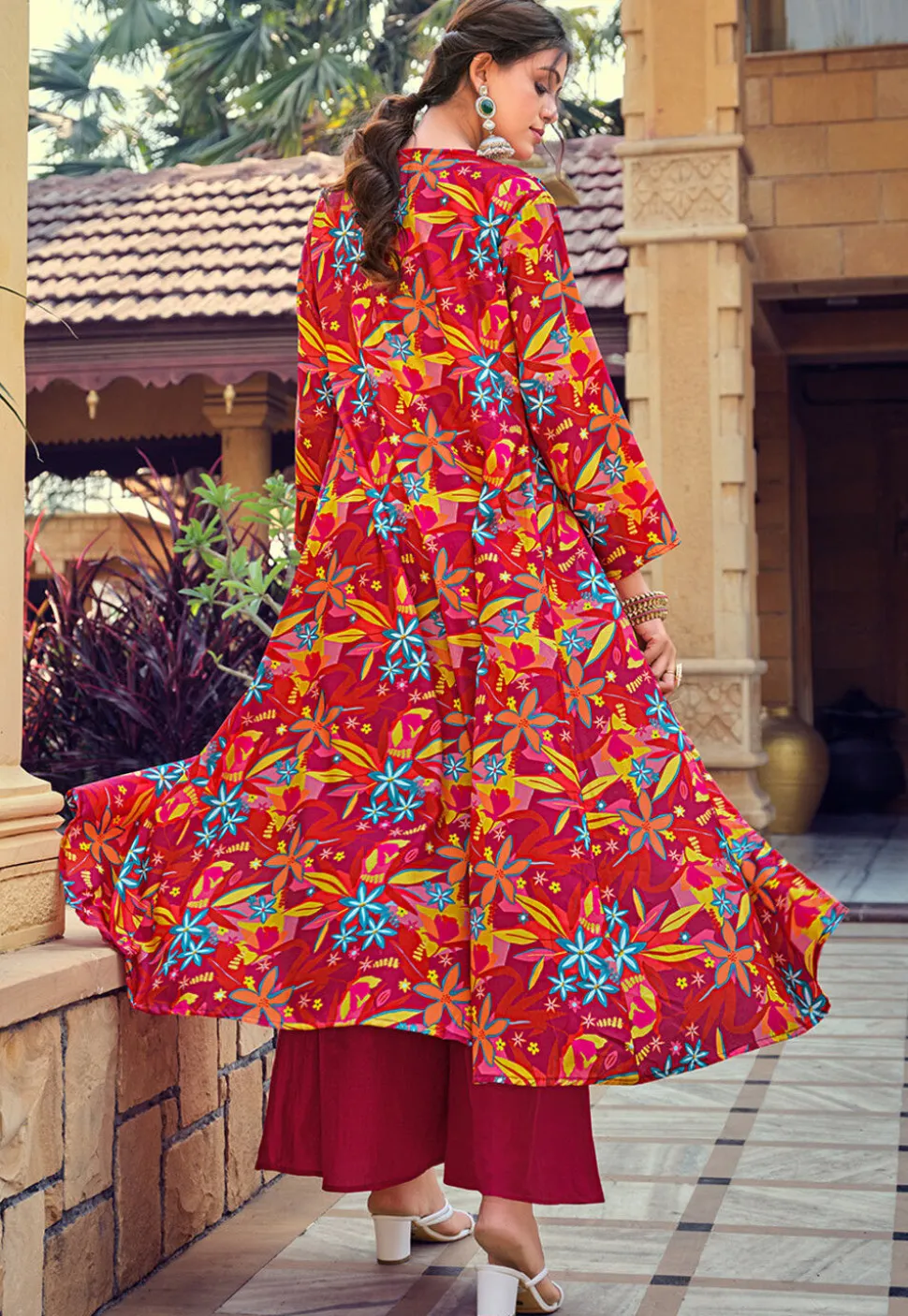 Digital Printed Art Silk Crop Top Set in Red