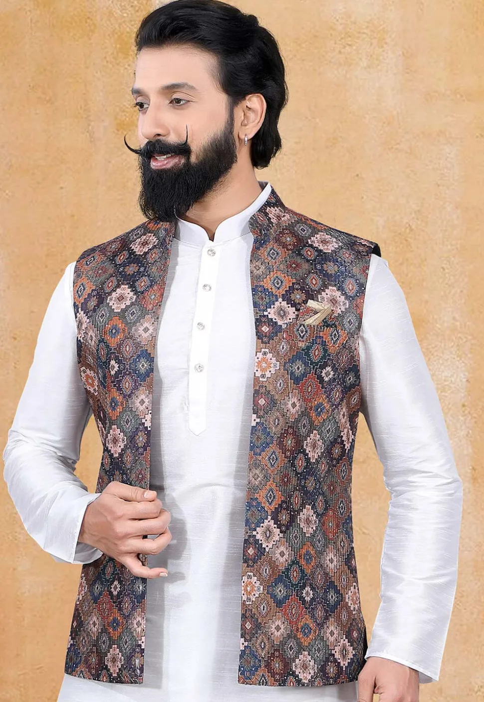 Digital Printed Art Silk Nehru Jacket in Multicolor