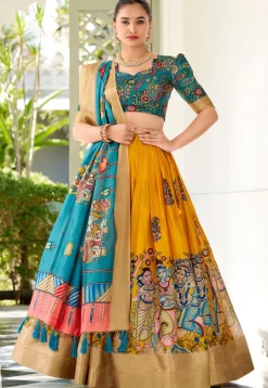 Digital Printed Art Silk Lehenga in Mustard
