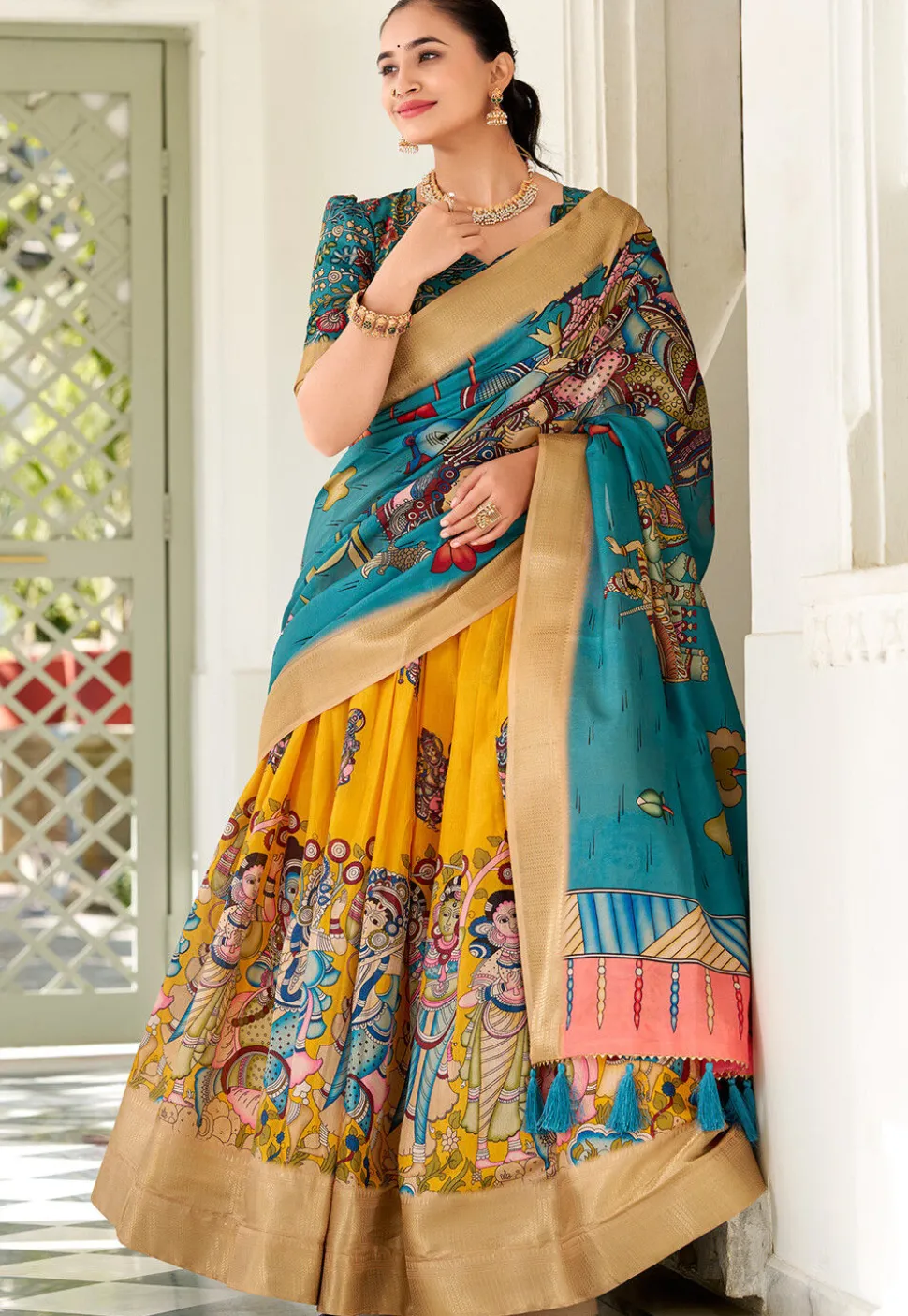 Digital Printed Art Silk Lehenga in Mustard