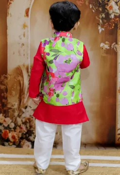 Digital Printed Art Silk Kurta Set in Red