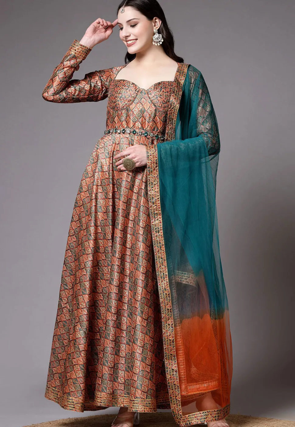 Digital Printed Art Silk Abaya Style Suit in Brown