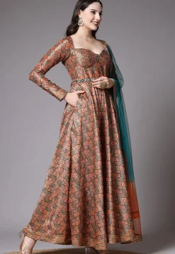 Digital Printed Art Silk Abaya Style Suit in Brown