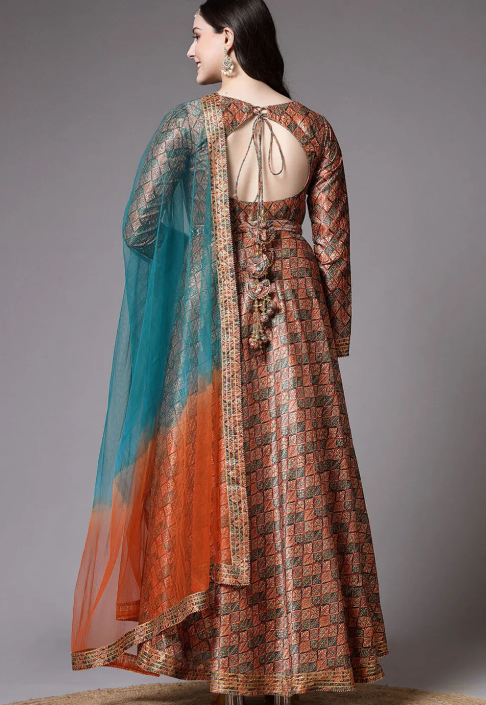 Digital Printed Art Silk Abaya Style Suit in Brown