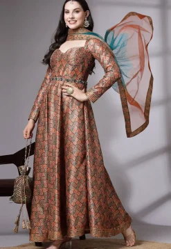 Digital Printed Art Silk Abaya Style Suit in Brown