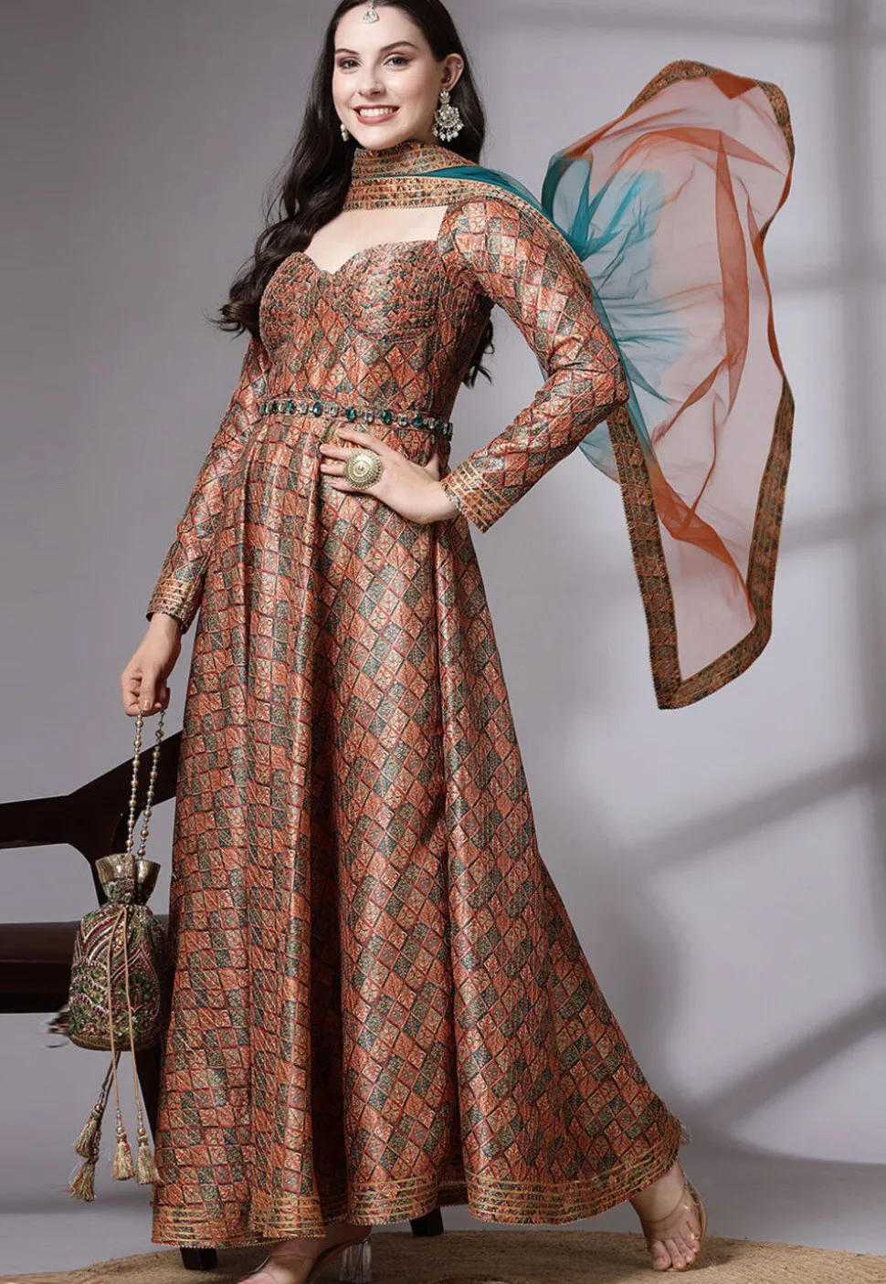 Digital Printed Art Silk Abaya Style Suit in Brown