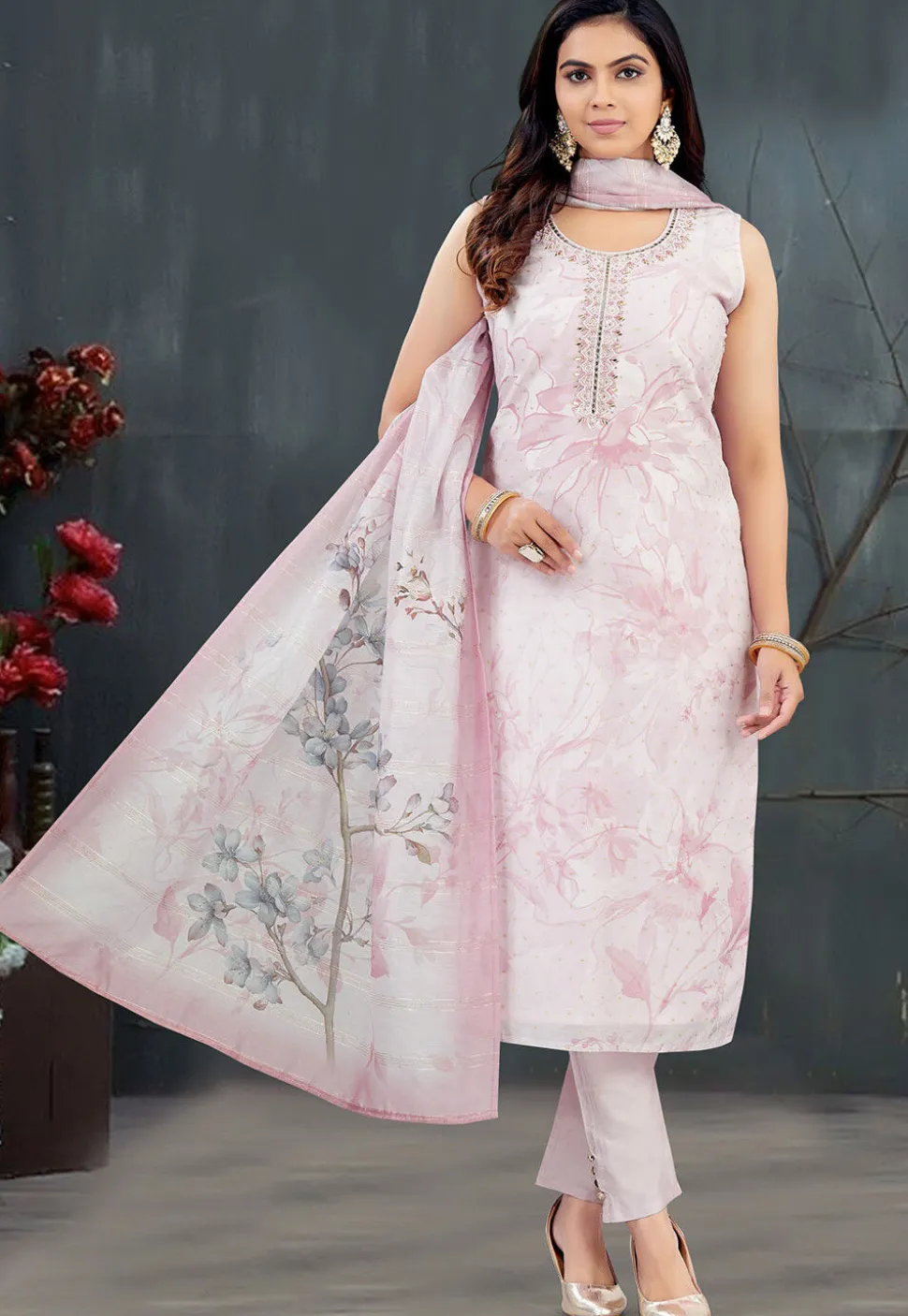 Digital Printed Art Silk Jacquard Pakistani Suit in Pink