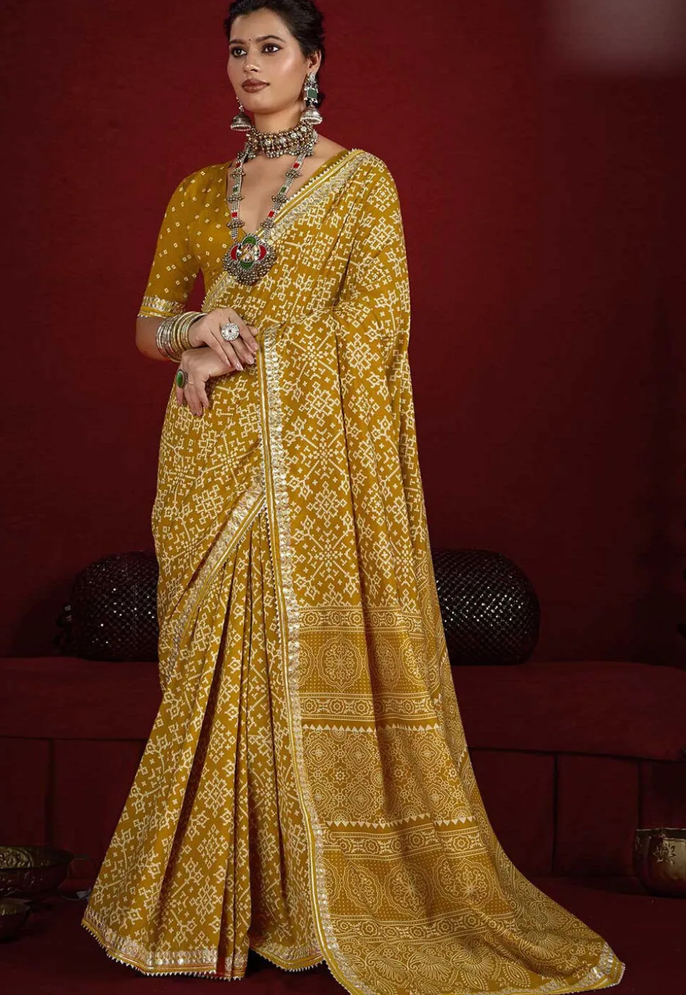 Digital Printed Art Silk Saree in Mustard