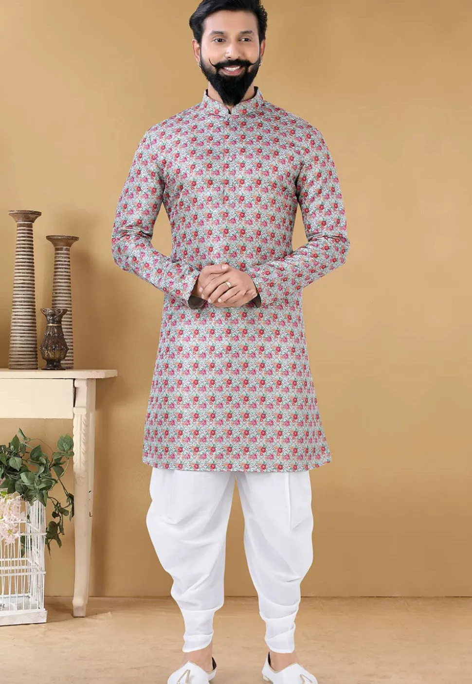Digital Printed Art Silk Dhoti Kurta in Light Grey