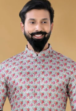 Digital Printed Art Silk Dhoti Kurta in Light Grey
