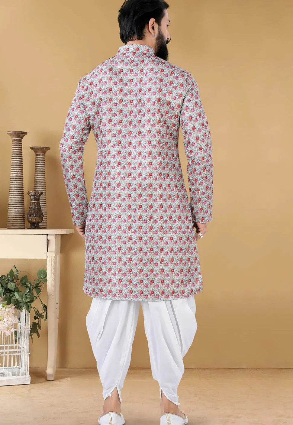 Digital Printed Art Silk Dhoti Kurta in Light Grey