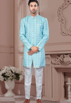 Digital Printed Art Silk Sherwani in Blue