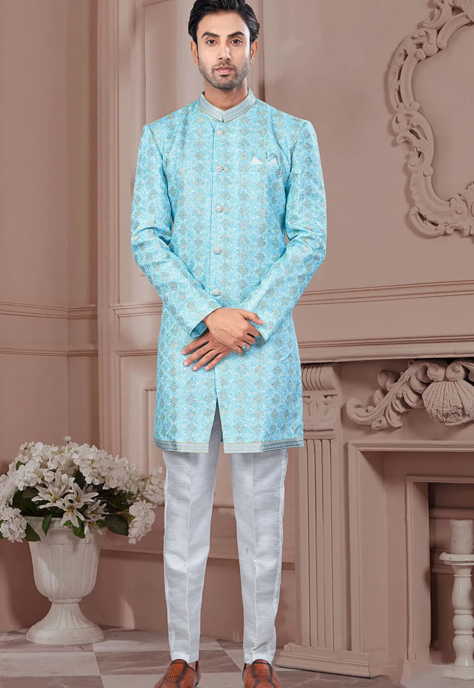 Digital Printed Art Silk Sherwani in Blue