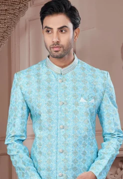 Digital Printed Art Silk Sherwani in Blue