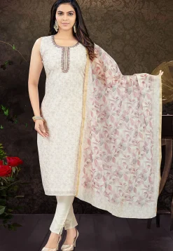Digital Printed Art Silk Pakistani Suit in Off White