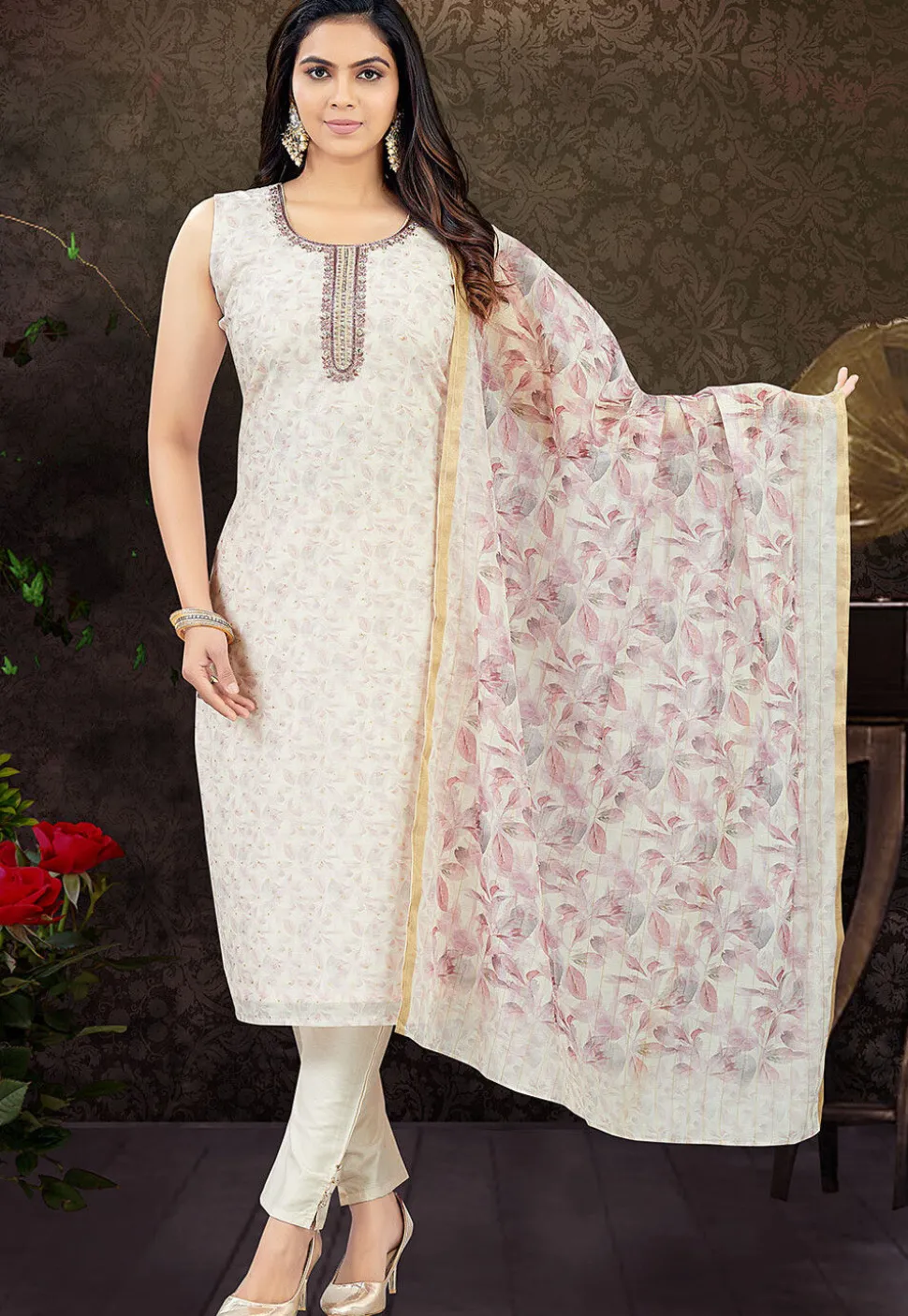 Digital Printed Art Silk Pakistani Suit in Off White