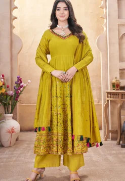 Digital Printed Art Silk Anarkali Suit in Olive Green
