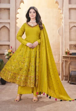 Digital Printed Art Silk Anarkali Suit in Olive Green
