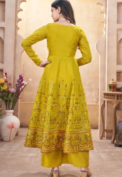 Digital Printed Art Silk Anarkali Suit in Olive Green