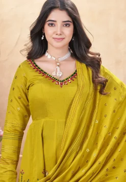 Digital Printed Art Silk Anarkali Suit in Olive Green