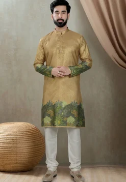 Digital Printed Art Silk Kurta Set in Beige