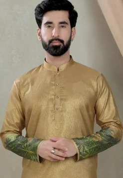 Digital Printed Art Silk Kurta Set in Beige
