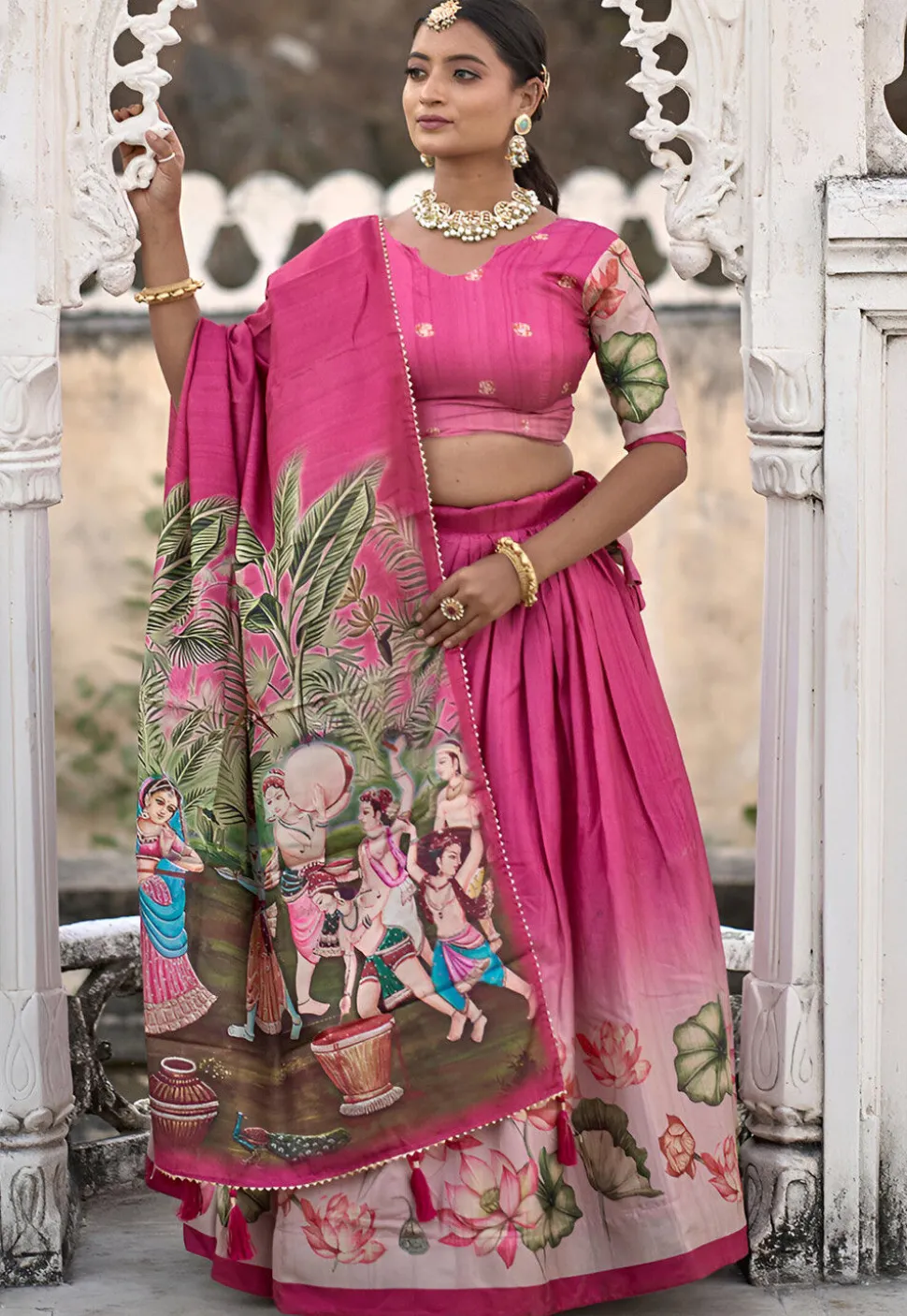 Digital Printed Art Silk Lehenga in Pink