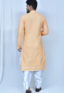 Digital Printed Art Silk Dhoti Kurta in Orange