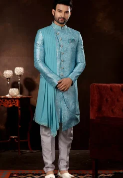 Digital printed Art Silk Layered Sherwani in Sky Blue