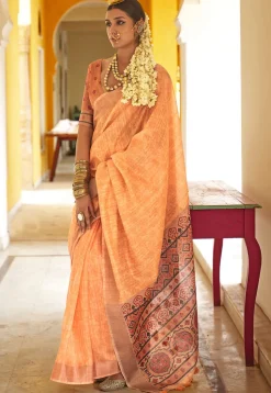Digital Printed Art Silk Saree in Light Orange