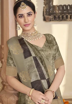 Digital Printed Art Silk Jacquard Saree in Dark Olive Green