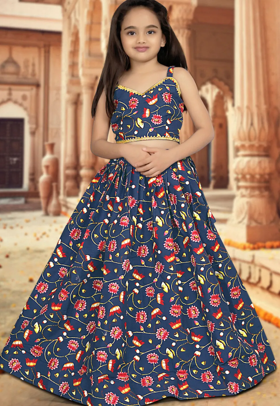 Digital Printed Art Silk Lehenga in Blue