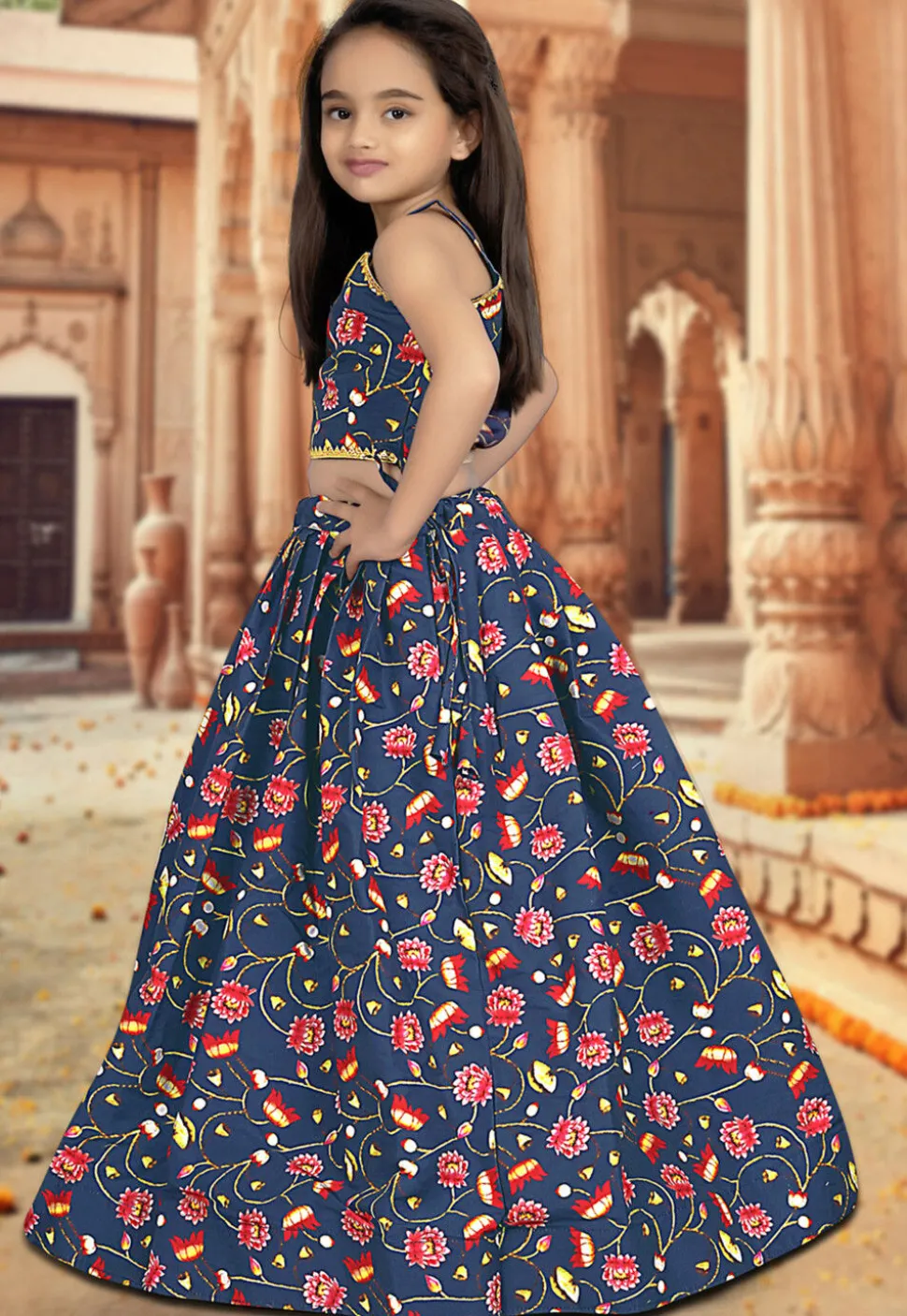 Digital Printed Art Silk Lehenga in Blue