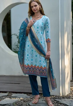 Digital Printed Art Silk Pakistani Suit in Light Blue