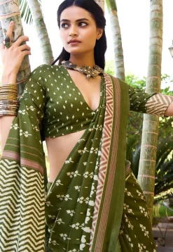 Digital Printed Art Silk Saree in Olive Green