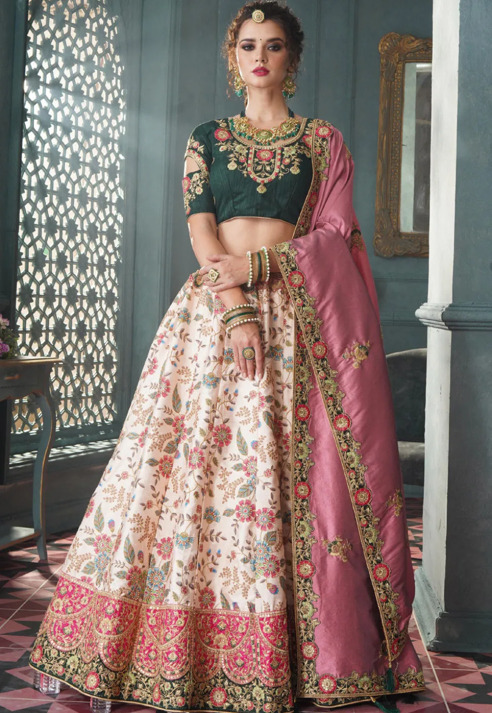 Digital Printed Art Silk Lehenga in Off White