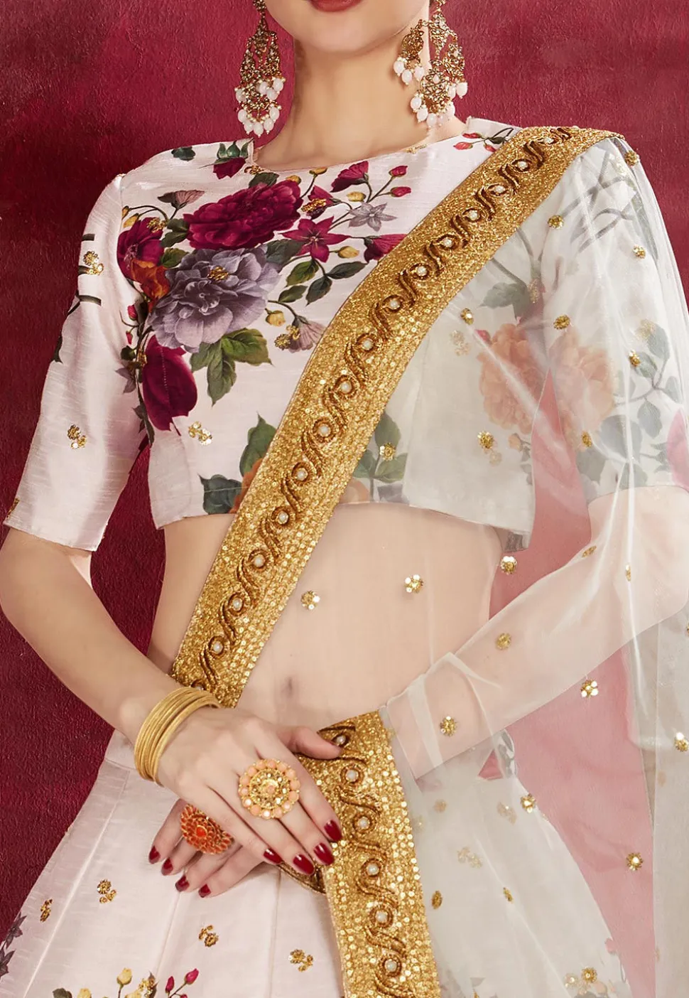 Digital Printed Art Silk Lehenga in Light Beige