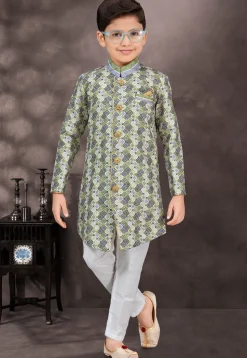 Digital Printed Art Silk Jacquard Sherwani in Green and Multicolor