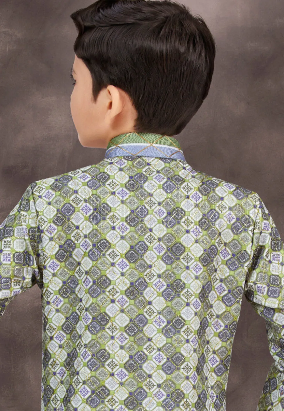 Digital Printed Art Silk Jacquard Sherwani in Green and Multicolor